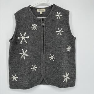 Cabela's Sweater Vest Womens Large Gray Wool Zip Snowflake Embroidered Holiday